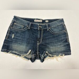 BKE Payton denim jean shorts distressed and frayed hem size 33 with 3” inseam
